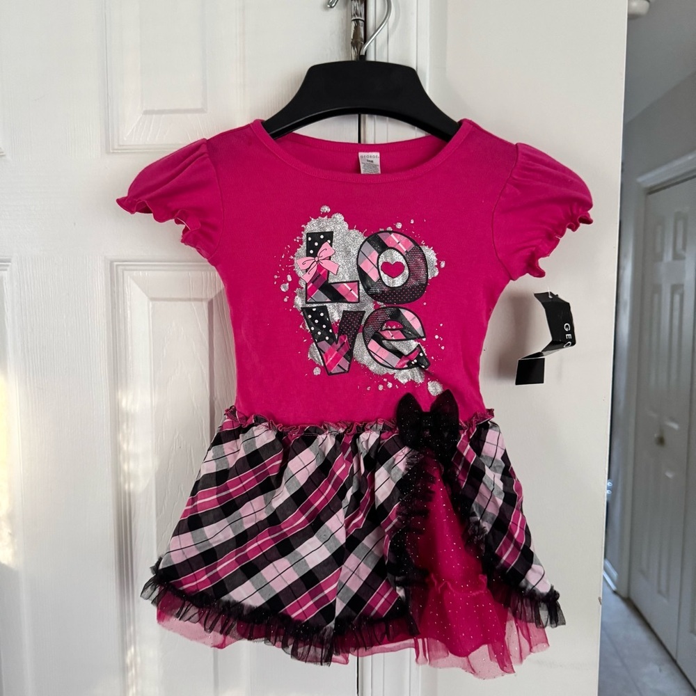 NWT George Baby Girls 24M Pink Black Plaid LOVE Hearts Ruffle Tutu Dress Outfit